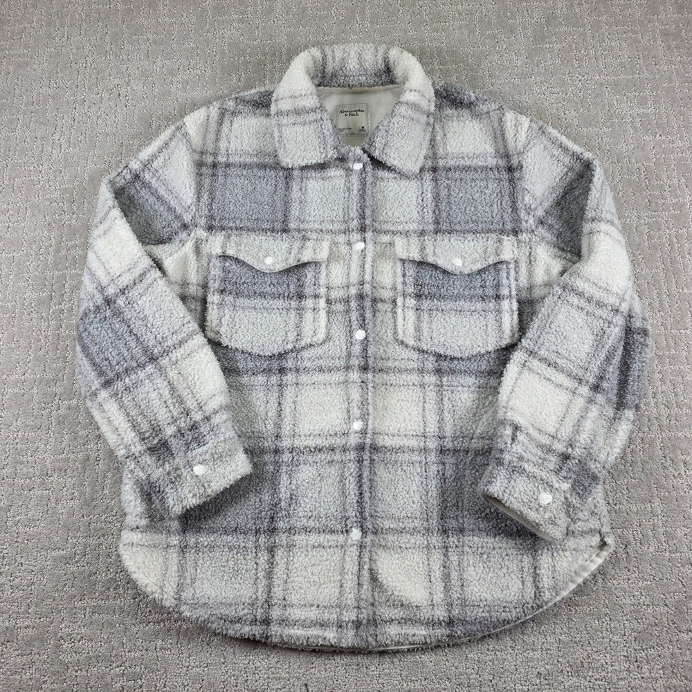 Abercrombie & Fitch Womens Medium Grey Plaid Sherpa Fleece Shirt Jacket Shacket
